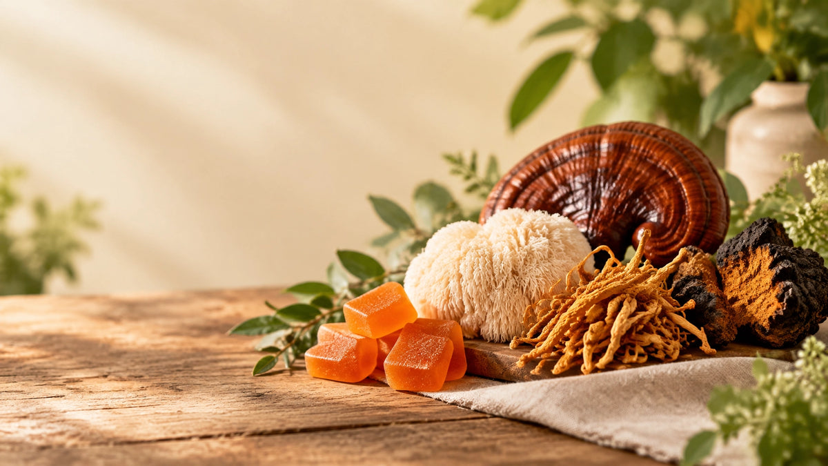 A warm, natural tabletop scene with functional mushrooms and square-shaped orange gummies for plant-based wellness