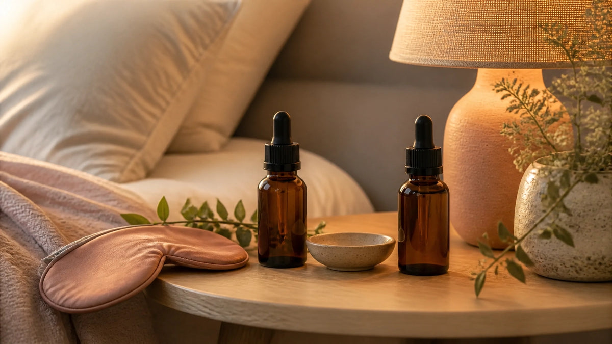 A calm nighttime bedside scene with two unbranded amber bottles, soft bedding, and warm peach-toned light